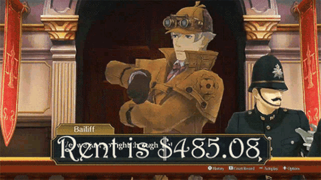 a man in a sherlock holmes hat is standing in front of a sign that says rent is $ 485.03