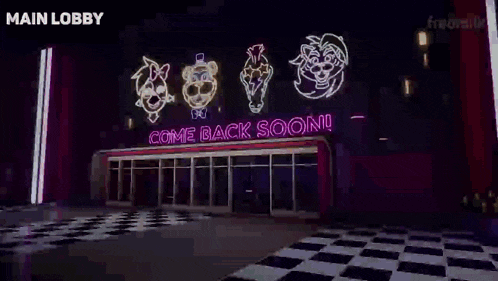 a neon sign that says come back soon in front of the main lobby
