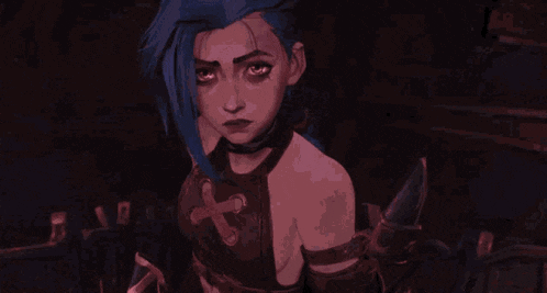 jinx from arcane is standing next to a man in a dark room holding his hand .