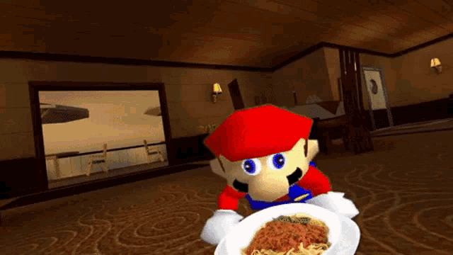 a mario character holding a plate of spaghetti