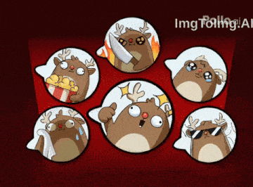 a cartoon of a reindeer with different facial expressions and the words img talking on the bottom right