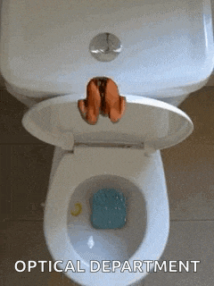 a toilet with the lid open and the words optical department below it .