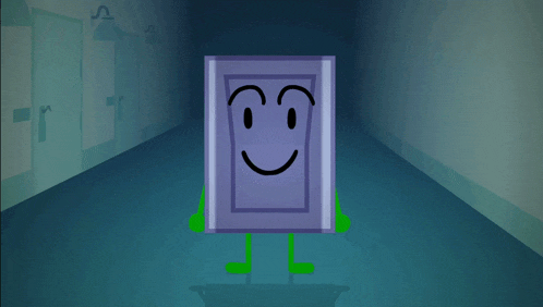 a cartoon character with a smiley face and green legs is standing in a hallway