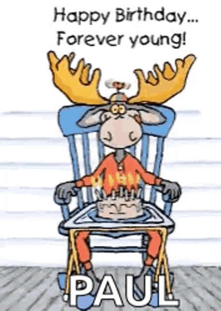 a moose is sitting in a rocking chair with a birthday cake .