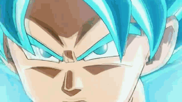 a close up of a cartoon character 's face with blue hair and blue eyes .