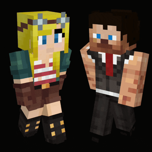 a man and a woman are standing next to each other in a minecraft game
