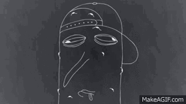 a chalk drawing of a person wearing a hat with makeagif.com at the bottom