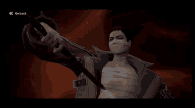a man holding a sword in a video game with a go back button on the bottom