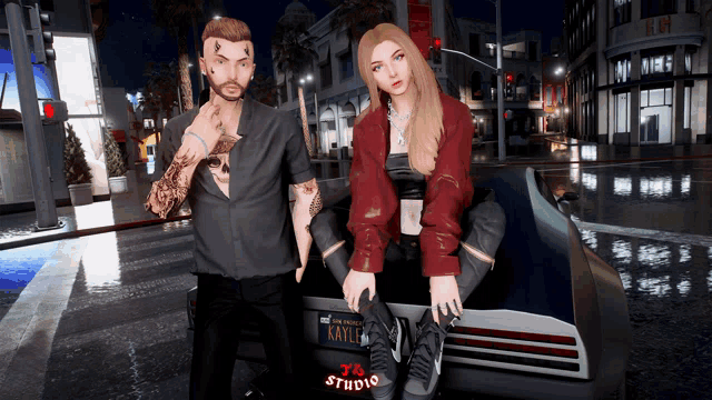 a man and a woman pose in front of a car that has a license plate that says kayl