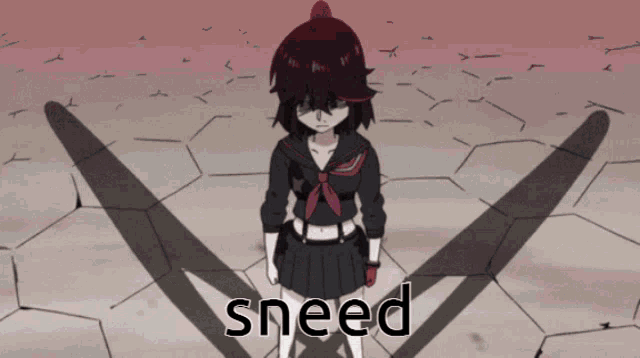 a girl in a school uniform is standing in front of a shadow and sneed is written on the bottom