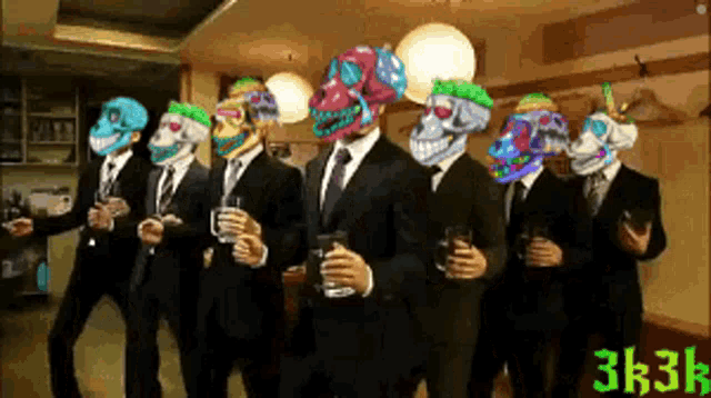 a group of men in suits with skull masks on their faces holding drinks