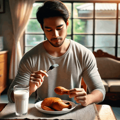 a man is sitting at a table eating a chicken leg with a fork and a glass of milk