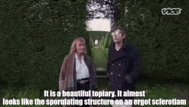 a man and a woman standing next to each other in a park .