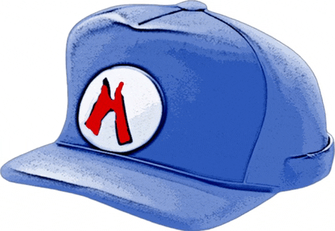 a blue hat with a red a on it