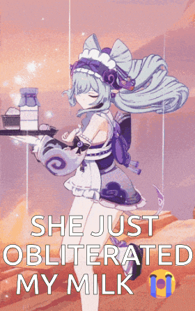 a picture of a maid holding a tray of milk with the words she just obliterated my milk below her