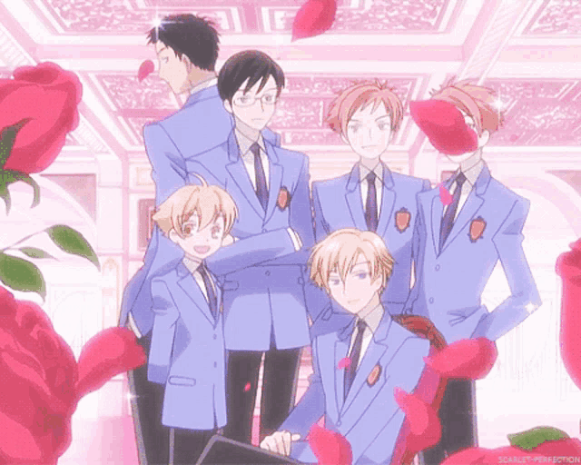 a group of anime characters are posing for a picture with roses falling around them
