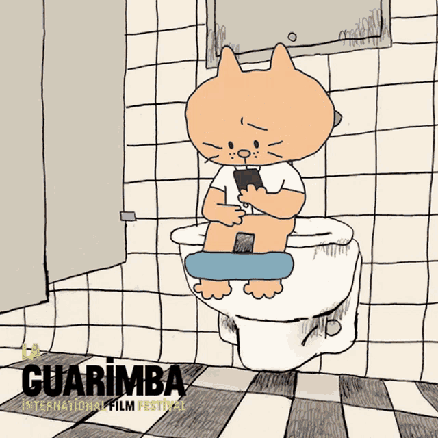 a cartoon cat is sitting on a toilet looking at a cell phone