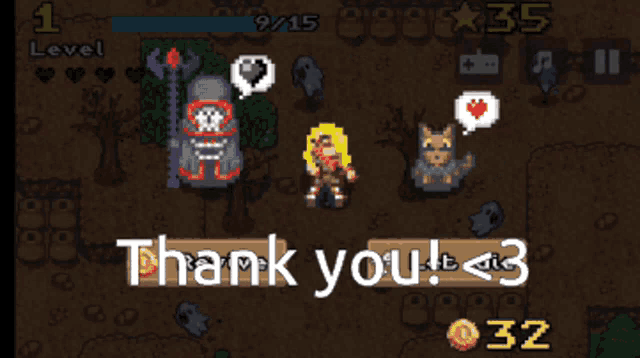 a video game screen that says thank you and barf on it