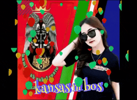 a woman wearing sunglasses is surrounded by balloons and the words kansas bu bos