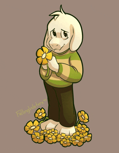a cartoon of a goat holding a flower with the words fallingwaterx written below it