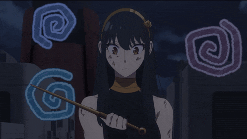 a girl with long black hair is holding a sword and surrounded by spirals