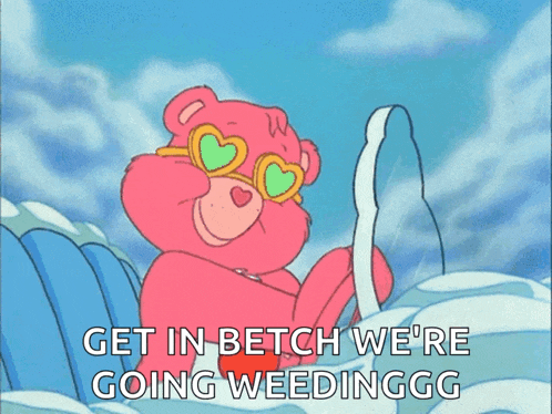 a pink care bear wearing heart shaped sunglasses says get in betch we 're going weedinggg