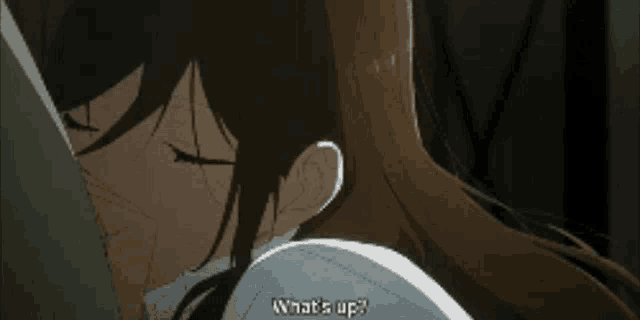 a close up of a woman 's face with the words " what 's up " written on the bottom