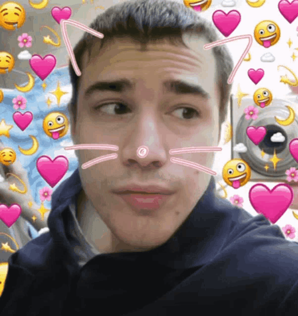 a close up of a person 's face with hearts and smiley faces