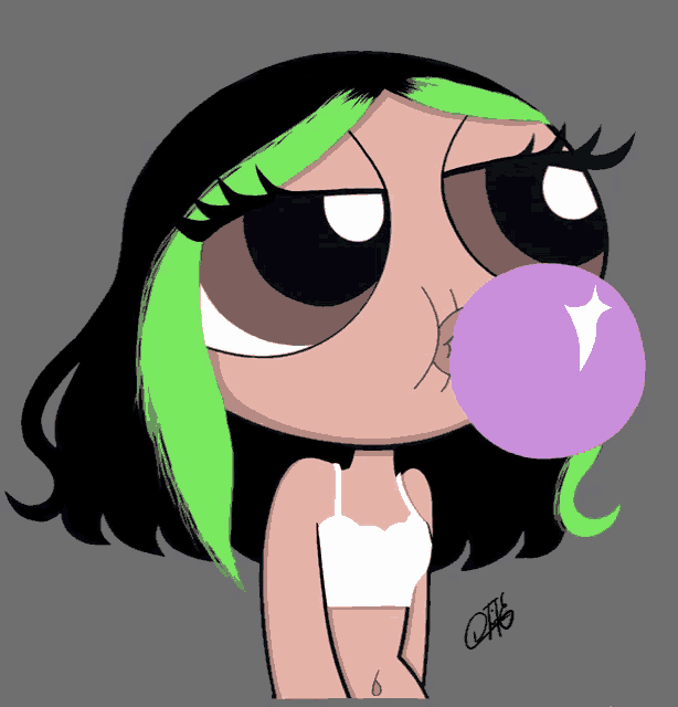 a cartoon girl with green hair blowing a purple bubble gum