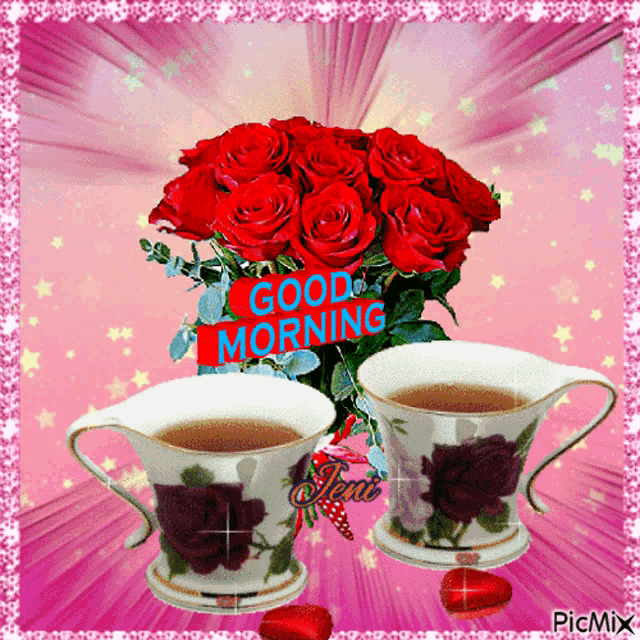 a bouquet of red roses and two cups of coffee with the words good morning written on it
