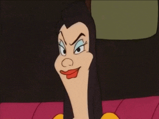 a cartoon of a woman with black hair and red lips making an angry face