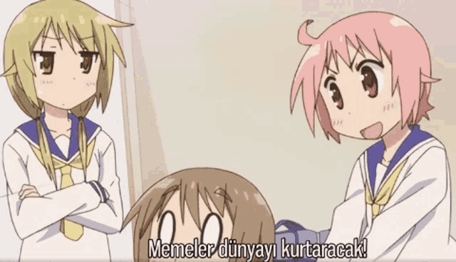 two anime girls are standing next to each other with the words memeler dünyayi kurtaracak written below them