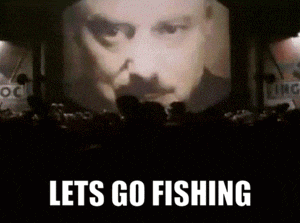 a screen with a man 's face on it and the words lets go fishing