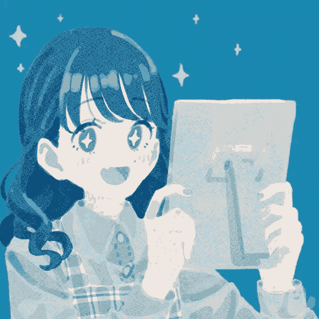 a drawing of a girl holding a piece of paper with the letter t on it