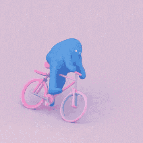 a blue monster is riding a pink bicycle on a pink background .