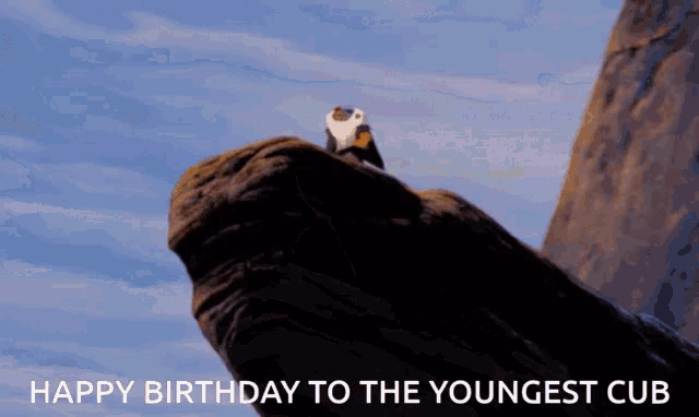 a lion cub sitting on top of a rock with the words happy birthday to the youngest cub