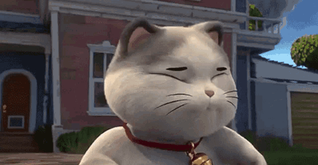a cartoon cat wearing a bell around its neck is standing in front of a house .