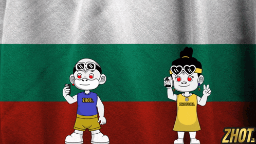 a boy and a girl are standing in front of a bulgarian flag and the girl is wearing a shirt that says zhot