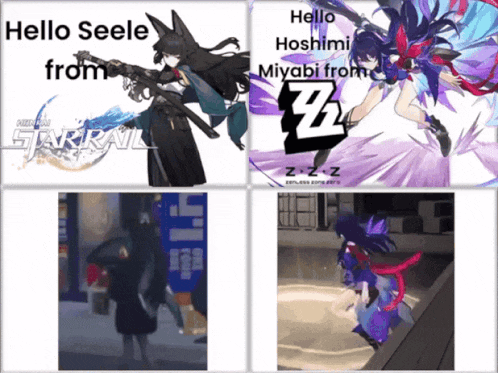 a collage of four pictures with one saying hello seele from star rail
