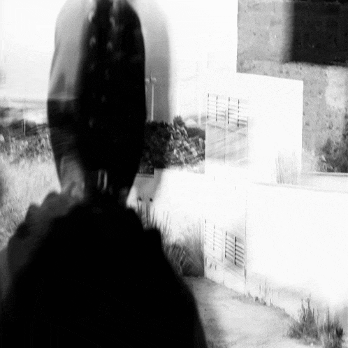 a black and white photo of a person looking at a building