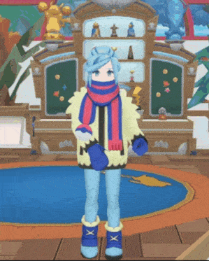 a girl wearing a scarf and mittens is standing in front of a trophy case