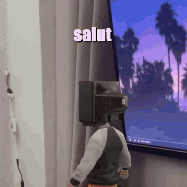 a man with a tv on his head says salut in front of a monitor