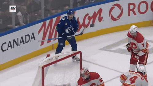 a hockey game is being played in front of an advertisement for canada