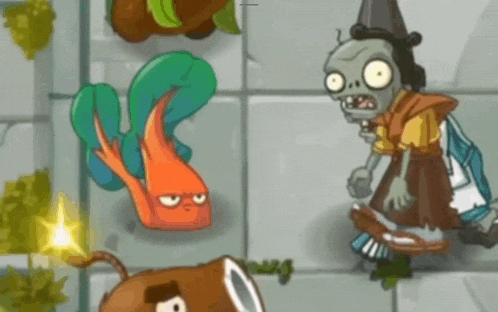 a cartoon of a zombie standing next to an orange and green plant