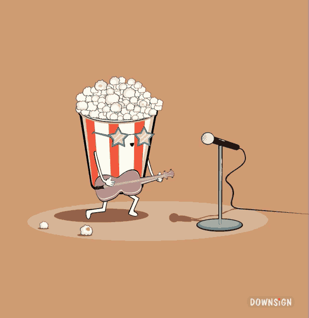 a cartoon of a bucket of popcorn holding a guitar and singing into a microphone