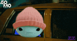 a cartoon character wearing a pink beanie is sitting in a car ..