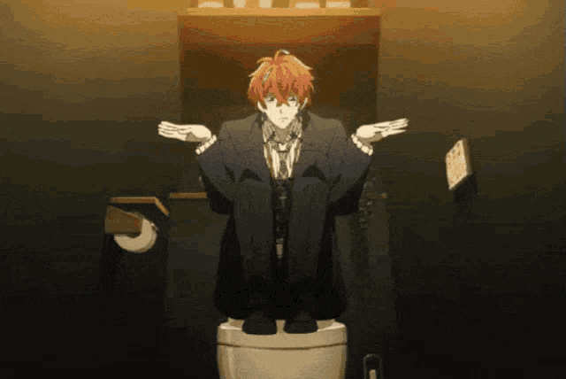 a man in a suit sits on a toilet in a dark room