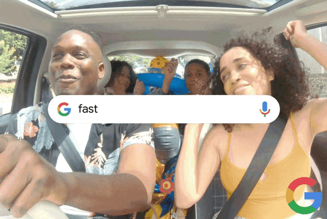 a group of people in a car with a google search bar displaying g fast