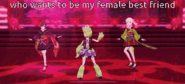 a pixel art of two girls dancing with the words who wants to be my female best friend written above them