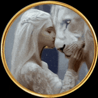 a woman in a white dress kissing a white lion